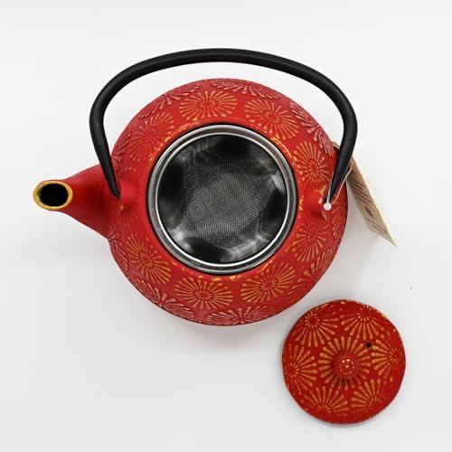 Urban Tokyo 40 fl oz Cast Iron Teapot Japanese Tetsubin Style Red With Gold Chrysanthemum Pattern Enamel Interior Stainless Steel Infuser Stovetop Safe 1200ml - Image 5