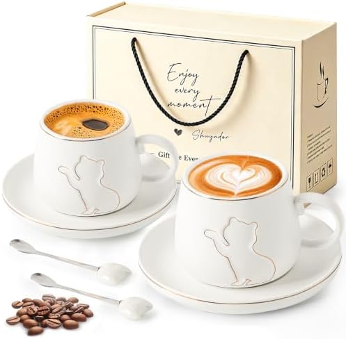 6 oz Ceramic Espresso Cups Set of 2 with Saucers, Cat Coffee Cups with Gold Rim and Gift Box for Cappuccino and Coffee, White by Unknown