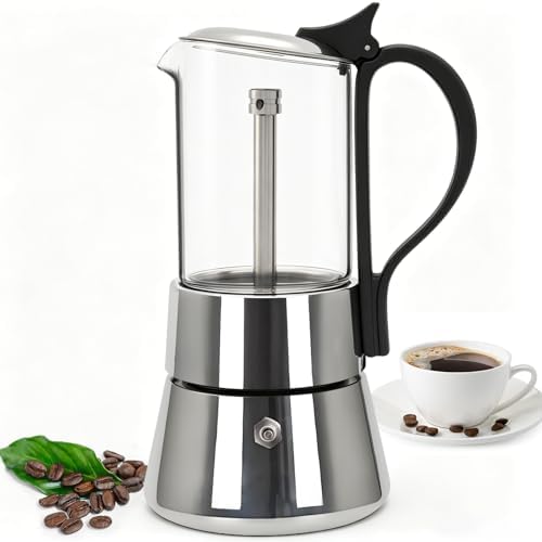 4 Cup Glass Transparent Moka Pot Stainless Steel Uncoated Stovetop Espresso Maker Italian Coffee Makers Mocha Greca Machine Cafe Classic Induction Cookers for Home Camping 220ml by Theperfectcombinationofcoffeehomeandhealthylivingmakingeverydayadayofrituals