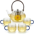 Glass Tea Pot with Infuser and Lid, Tea Pot Sets for Loose Teas Leaves, Clear Teapot(28oz) with Four Teacups(4oz), Glass Herbal Teapot for Stovetop, Adults, Microwave Dishwasher Safe(Blue) by Unknown