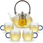 Glass Tea Pot with Infuser and Lid, Tea Pot Sets for Loose Teas Leaves, Clear Teapot(28oz) with Four Teacups(4oz), Glass Herbal Teapot for Stovetop, Adults, Microwave Dishwasher Safe(Blue) by Unknown