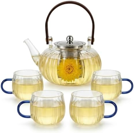 Glass Tea Pot with Infuser and Lid, Tea Pot Sets for Loose Teas Leaves, Clear Teapot(28oz) with Four Teacups(4oz), Glass Herbal Teapot for Stovetop, Adults, Microwave Dishwasher Safe(Blue) by Unknown