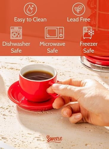 Sweese 2.5 Ounce Porcelain Stackable Espresso Cups with Saucers and Metal Stand Set of 4, Red - Image 3