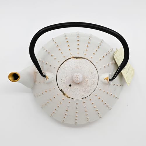 Urban Tokyo 40 fl oz Cast Iron Teapot Japanese Tetsubin Style, White Enamel with Gold Dot Pattern, Stainless Steel Infuser, Stovetop Safe, 1200ml Large Capacity Tea Kettle - Image 3
