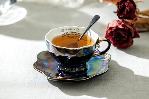 Halloween Goth Tea Set, Black Gold Scallop Teapot, Black Gold Scallop Sugar Creamer, 4 Ouija Board Black Gold Luster Tea Cup and Saucer Sets - Image 3