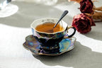 Halloween Goth Tea Set, Black Gold Scallop Teapot, Black Gold Scallop Sugar Creamer, 4 Ouija Board Black Gold Luster Tea Cup and Saucer Sets - Image 3