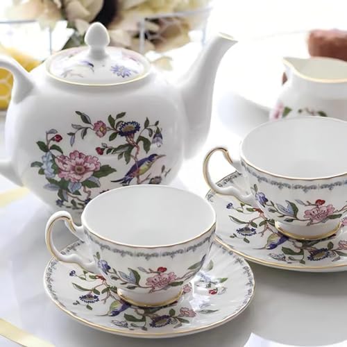 Aynsley Porcelain Tea Set Adult Ceramic Tea Set European Flower Painting Teapot Cup Saucer Spoon for Women Mom Gift (Fresh Style,5 Pcs) - Image 3