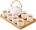 Japanese Tea Set, White Porcelain tea set with 1 Teapot(23 oz/660ml), 6 Tea cups(5.3 oz/150ml), 1 Tea Tray, Golden plum blossom relief, Asian tea sets for adults (Golden plum-White) by REOWONU