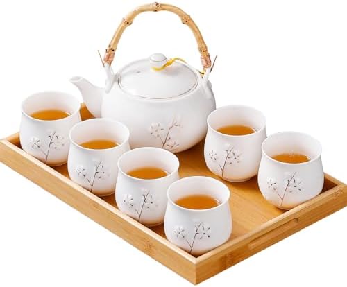 Japanese Tea Set, White Porcelain tea set with 1 Teapot(23 oz/660ml), 6 Tea cups(5.3 oz/150ml), 1 Tea Tray, Golden plum blossom relief, Asian tea sets for adults (Golden plum-White) by REOWONU