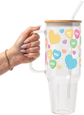 Sip-Sip Hooray! Conversation Heart Candy 40oz Glass Tumbler with Lid by Sip-SipHooray