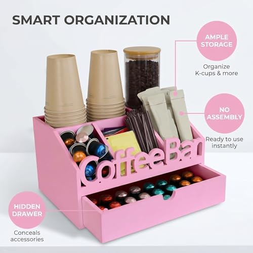 Coffee Bar Organizer Countertop, Wood Coffee Station with Drawer, Pink - Image 3