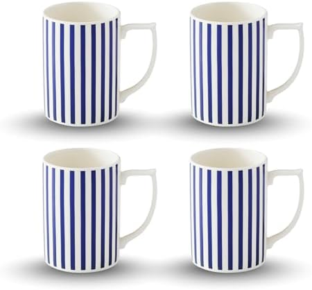Spode Steccato Collection - 12oz Coffee Mug with Large Handles, Stripe Cobalt Blue (Set of 4) | Fine Earthenware | Dishwasher and Microwave Safe | Cup For Coffee, Tea, Latte, and Hot Chocolate by Spode