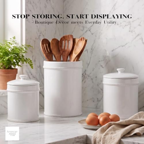 American Atelier Kitchen Ceramic Canister w/Lids Bianca Dash White, 3PC - Image 7