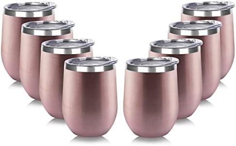 DOMICARE Stainless Steel Wine Tumbler Bulk with Lid, Personalized Rose Gold Insulated Tumblers Set, 12oz Travel Coffee Cups Pack of 8 by VisittheDOMICARE