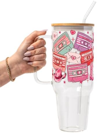 Sip-Sip Hooray! 40oz Retro Country Western Love Song Cassette Tapes Glass Tumbler with Lid and Straw Beverage Drinkware Drink Tumblers Mug Bottles by Sip-SipHooray