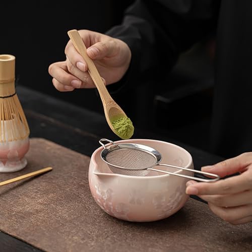Matcha Whisk Set, Pink Ice Crystal Glaze Ceramic Set, 8-Piece Matcha Kit with Bowl, Bamboo Whisk & Sifter - Image 5