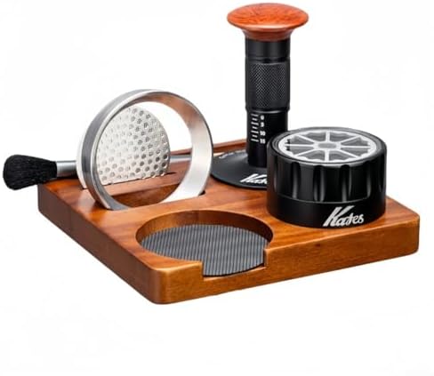 6 Piece Espresso Setup Kit Featuring Wood Tamping Station Tamper Distributor Dosing Ring Brush and Puck Screen for Home or Small Office (58MM) by Unknown