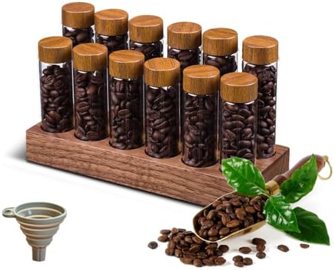 High Borosilicate Glass Coffee Bean Storage Tubes with Wooden Stand and Funnel for Home Storage 12pcs - Image 3