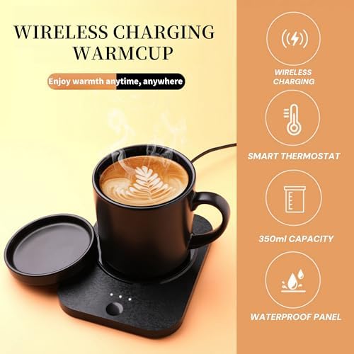 Wireless Tea Warmer Set,Smart Heated Mug Kit with Wirelessly Charge cell phone,Mug Warmer for Desk,Electric Coffee Warmer with Mug Set,Cordless Cup Warmer Rechargeable,Heated Cup Auto Shut Off (Black) - Image 2