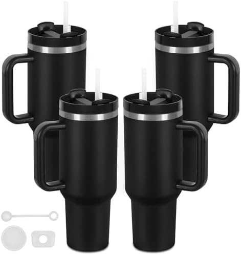 4 Pack 40 Oz Tumbler with Handle Bulk, Double Wall Vacuum Insulated Stainless Steel Tumbler with Lid and Straw, 40 oz cup with Silicone Spill Proof Stopper Set (Black) by Temolulu
