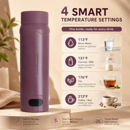 Travel Electric Kettle, Insulated Water Bottle with 4 Temp, Black Cherry - Image 3