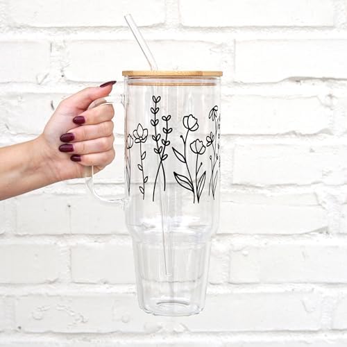 Sip-Sip Hooray! Wildflower 40oz Glass Tumbler with Lid and Straw, Floral Iced Coffee Cup, Cup Holder Compatible, Spring Flower Gift for Women - Image 2