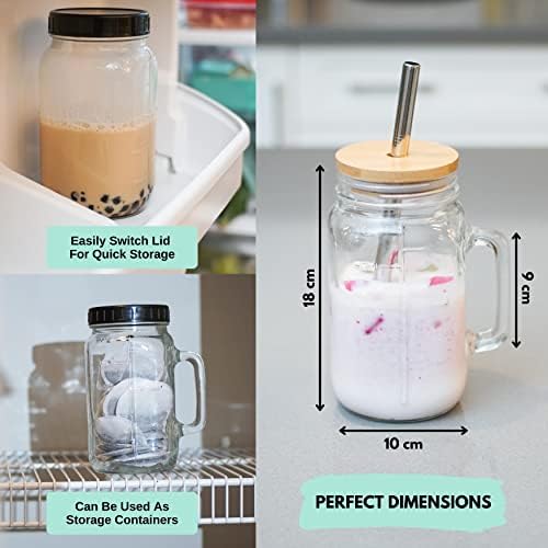 32 oz Wide Mouth Glass Drinking Jar with Handle | Iced Coffee Cup | Includes 2 Lids, 2 Silicone Straws, 2 Stainless Steel Straws, 20 Reusable Ice Cubes, Cleaning Brush & Recipe Book. - Image 4