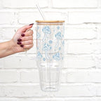 Sip-Sip Hooray! Blue Mushroom Boho 40oz Glass Tumbler with Lid and Straw, Cottagecore Floral Iced Coffee Cup Gift - Image 2