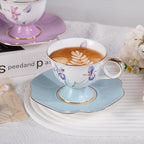 KAMMAK Ceramic Coffee Cups Saucers Set of 2, Porcelain Espresso Cups with Saucers, 8.45 oz Handcrafted Elegant Bone China Tea Cups, Iris Flower & Butterfly Pattern Teacup for Party, Office, Gift - Image 3