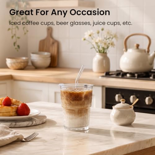 INSETLAN Iced Coffee Cups with Lids and Straws, 13 oz Glass Tumbler - Image 2