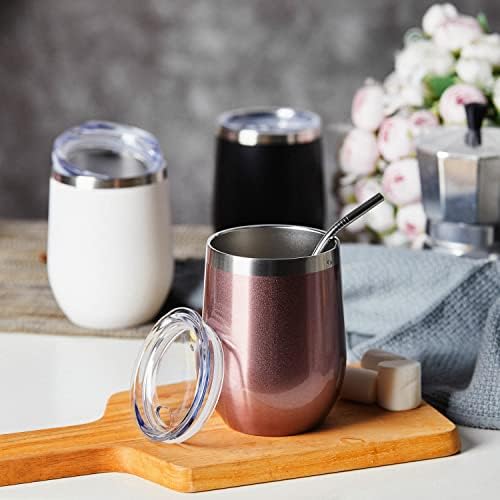 COMOOO Stainless Steel Wine Tumbler with Lid and Straw 12oz Double Wall Vacuum Insulated Travel Tumbler Cup for Coffee, Wine, Cocktails, Champagne (Black White Silver and Rose Gold, 16 Pack) - Image 6