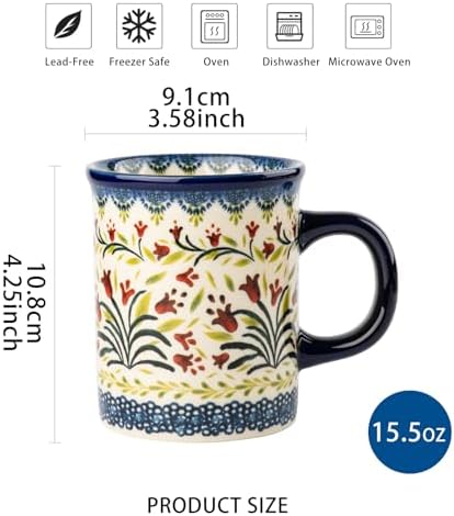 Ceramic Latte Mug Set of 4, 15.5oz Hand Painted Porcelain Coffee Cups With Big Handle - Modern,Retro Design For Any Kitchen. Microwave and Dishwasher Safe (The tulip) - Image 2
