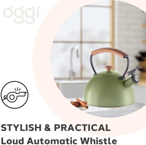 OGGI Tea Kettle for Stove Top - 64oz / 1.9lt, Stainless Steel with Loud Whistle & Stay-Cool Wood Handle, Ideal Hot Water Kettle and Water Boiler - Green - Image 4
