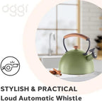 OGGI Tea Kettle for Stove Top - 64oz / 1.9lt, Stainless Steel with Loud Whistle & Stay-Cool Wood Handle, Ideal Hot Water Kettle and Water Boiler - Green - Image 4