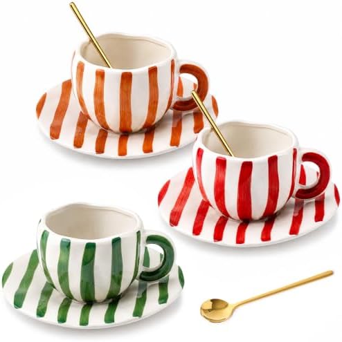 3 Pack Striped Ceramic Coffee Mug and Saucer Set, 12 oz by Ferrochef