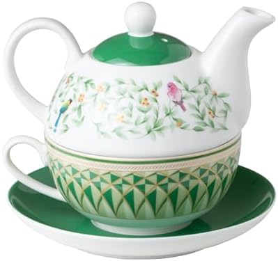 Porcelain 4-Piece Tea For One (Green Geo Floral Birds) - Image 2