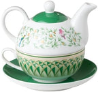 Porcelain 4-Piece Tea For One (Green Geo Floral Birds) - Image 2