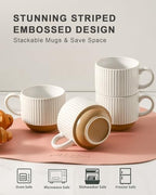 HASENSE 15 oz Ribbed Stackable Ceramic Coffee Mug Set of 4, White & Light Brown Cups with Metal Holder, Dishwasher & Microwave Safe for Cappuccino Tea Hot Cocoa, Wedding Housewarming Gifts - Image 5