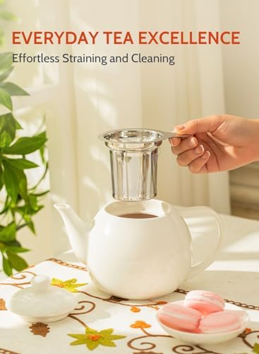Sweese Teapots for Tea, 27 oz Porcelain Tea pot with Removable Stainless Steel Infuser, Tea Pots for Loose Tea - White - Image 4