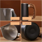 2pcs Stainless Steel Milk Frothing Pitcher Set with Wooden Handle - Precision Scale Latte Art Coffee Mugs (Black) - Image 2
