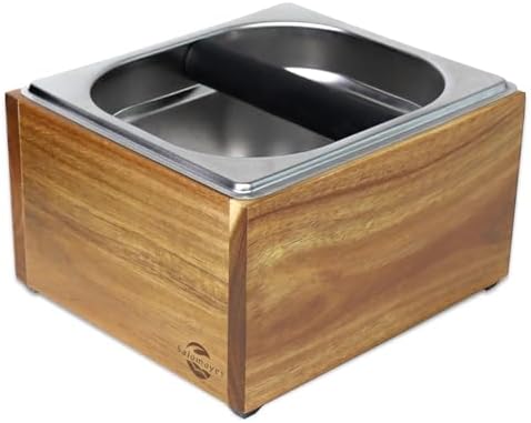 Large Acacia Wood Espresso Knock Box with Stainless Steel Interior by Salomayes