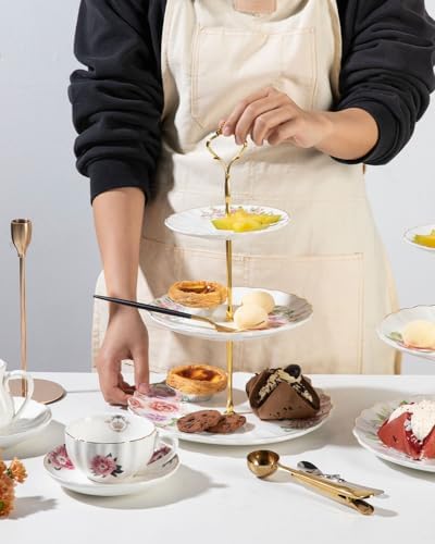 Sweejar 3 Tier Ceramic Cake Stand Wedding, Dessert Cupcake Stand for Tea Party Serving Platter (Fresh Flower) - Image 5