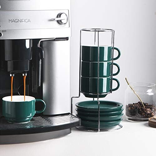 Sweejar Porcelain Espresso Cups with Saucers, 4 Ounce Stackable Cappuccino Cups with Metal Stand for Coffee Drinks, Latte, Tea - Set of 4 (Jade) - Image 3
