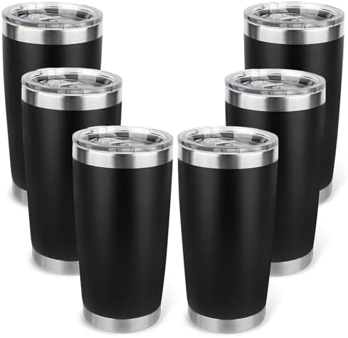 20oz Stainless Steel Tumbler Bulk with Lid, Travel Mug - Double Wall Vacuum Powder Coated Cup - Black, 6 Pack by Unknown