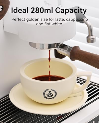 Ceramic Latte Art Cup with Saucer Set - 10oz Thickened Rim Cappuccino Cup for Perfect Crema, Anti-Slip Base & Matte Glaze, Espresso Coffee Mug for Home Barista & Kitchen, Creamy Yellow - Image 6