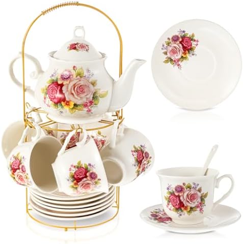 Zhehao 20 Pcs Porcelain Tea Set for Adult, with Metal Holder, Modern by Zhehao