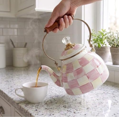 Checkered Tea Kettle for Checkered Kitchen Decor - Pink and White Tea Kettle for Stovetop - Stylish Enamel Teapot with Wooden Handle - Vintage Classic Teapot with Elegant Lid & Knob- 2.5 Quart - Image 4
