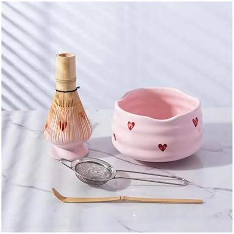 Cute Heart Decal Ceramic Matcha Set - Bowl Whisk And Holder Bamboo Scoop Sifter Tea Ceremony Kit(5pcs) - Image 4