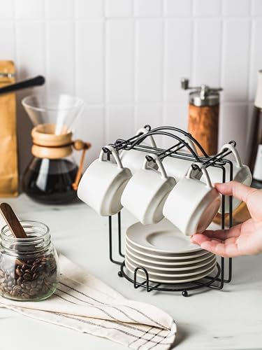 YHOSSEUN 4 OZ Espresso Cups Set of 6 with Saucers, Spoons and Stand, Beige - Image 4