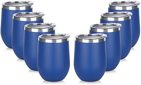 DOMICARE Stainless Steel Wine Tumbler Bulk with Lid, Personalized Insulated Tumblers Set, 12oz Travel Coffee Cups Pack of 8, Dark Blue by VisittheDOMICARE